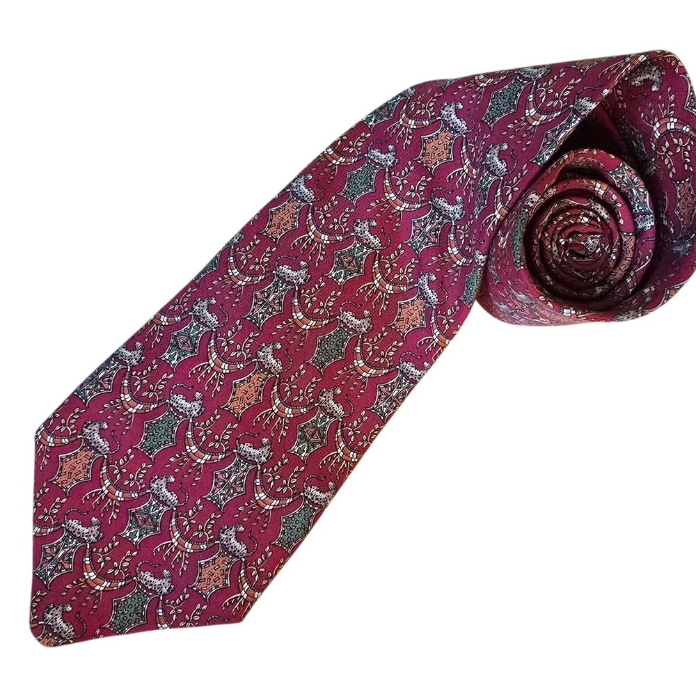 Salvatore Ferragamo Silk Tie Burgundy Red Leopard Animal Print Made in Italy